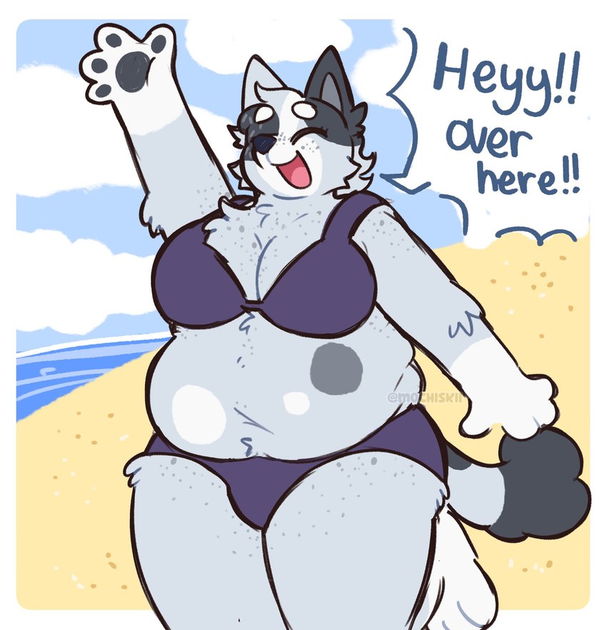 anthro beach belly bikini breasts cleavage clothed clothing dialogue eyes_closed female fur gesture grey_body grey_fur happy overweight overweight_anthro overweight_female sand solo speckled_fur swimwear text two-piece_swimsuit waving mochiskii bluey_(series) trixie_heeler australian_cattle_dog canid canine canis cattledog domestic_dog herding_dog mammal pastoral_dog 2025 english_text hi_res