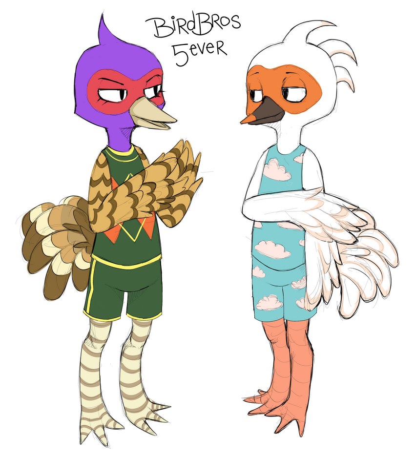 anthro bottomwear clothing duo male shorts text animal_crossing nintendo cranston_(animal_crossing) phil_(animal_crossing) avian bird ostrich ratite absurd_res colored digital_media_(artwork) english_text hi_res