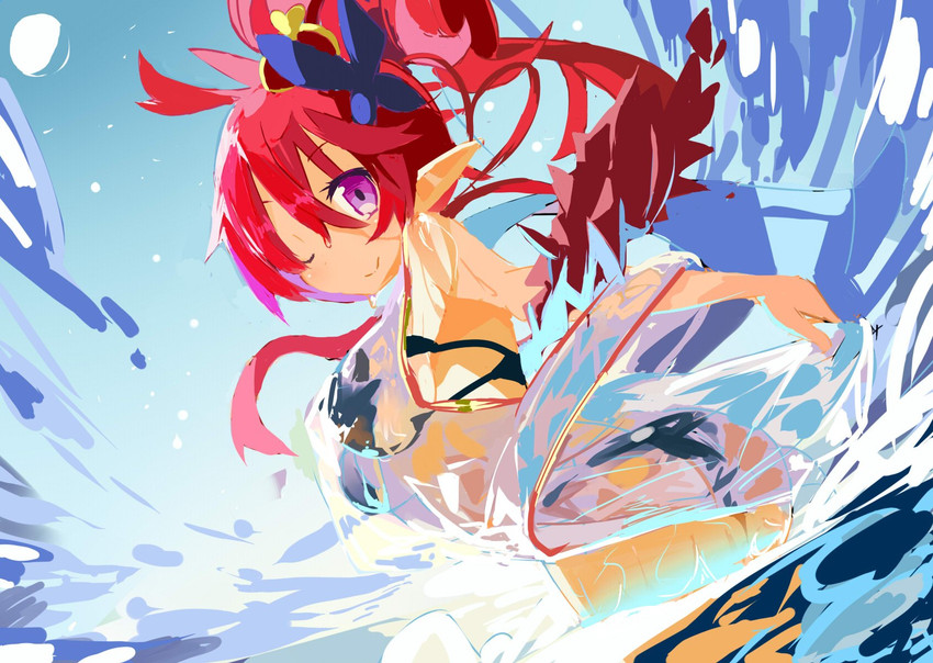 breasts butt clothed clothing female hair moon night not_furry one_eye_closed outside pink_eyes red_hair smile solo swimwear text wink miyakawa106 disgaea nippon_ichi_software seraphina_(disgaea) elf humanoid hi_res portrait three-quarter_portrait