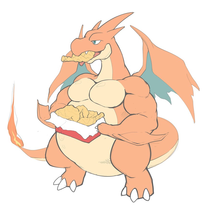 ambiguous_gender biceps chicken_meat eating food fried_chicken male meat muscular muscular_male overweight simple_background solo tail white_background maldu european_mythology mythology nintendo pokemon dragon generation_6_pokemon mega_charizard mega_charizard_y mega_evolution mythological_creature mythological_scalie pokemon_(species) scalie western_dragon absurd_res hi_res