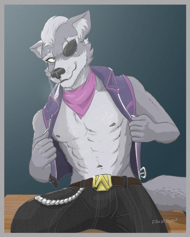 abs anthro male muscular muscular_anthro muscular_male navel nipples pecs scar smoking solo frostclaw nintendo star_fox wolf_o'donnell canid canine canis mammal wolf hi_res