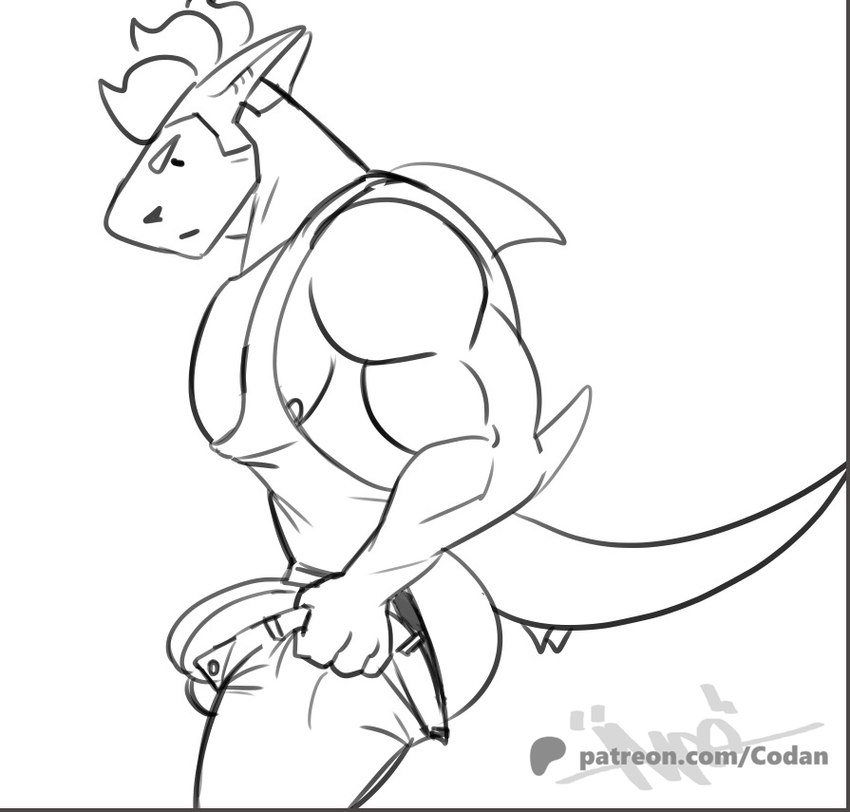 4_fingers anthro big_bulge bulge butt clothing detailed_bulge fin fingers jockstrap male muscular muscular_anthro muscular_male nipple_slip nipples shirt simple_background solo tank_top topwear underwear codans tight_pants_(meme) codan fish marine shark meme monochrome