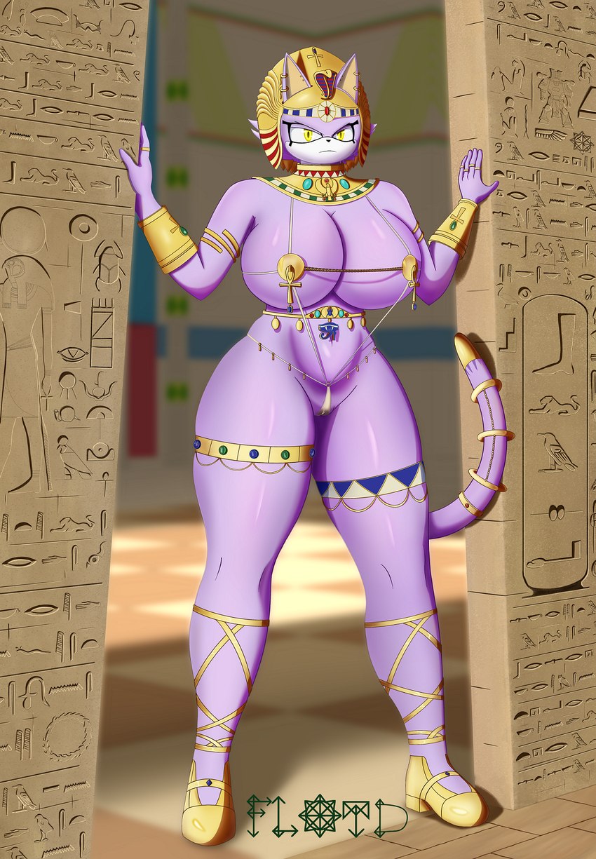 anthro big_breasts breasts camel_toe clothing egyptian egyptian_clothing female huge_breasts huge_thighs presenting solo standing thick_thighs uraeus usekh yellow_eyes floydfiveeyes sega sonic_the_hedgehog_(series) blaze_the_cat felid feline mammal 2023 digital_drawing_(artwork) digital_media_(artwork) hi_res signature