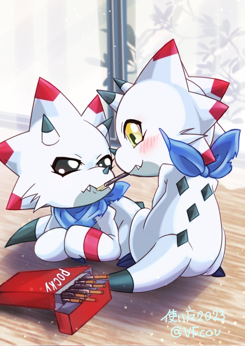 anthro blush claws duo food horn kerchief male male/male pocky_game pocky_in_mouth white_body yellow_eyes vfcou bandai_namco digimon digimon_ghost_game pocky digimon_(species) gammamon scalie hi_res