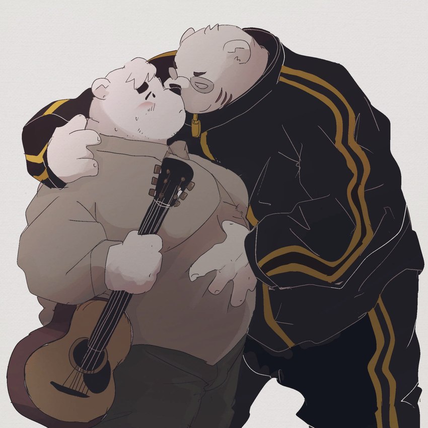 acoustic_guitar anthro belly blush bottomwear clothing duo fur guitar hand_on_belly humanoid_hands kemono male male/male musical_instrument overweight overweight_anthro overweight_male pants plucked_string_instrument shirt simple_background string_instrument topwear white_body white_fur dumdum odd_taxi sawabe_(odd_taxi) sekiguchi_(odd_taxi) bear mammal polar_bear ursine 1:1 2021 hi_res