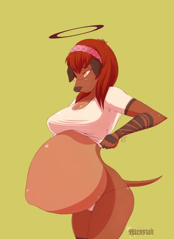 anthro belly big_belly ear_piercing eyewear female glasses halo piercing pregnant simple_background solo tattoo mess1ah mess1ah_(character) canid canine canis domestic_dog mammal hi_res