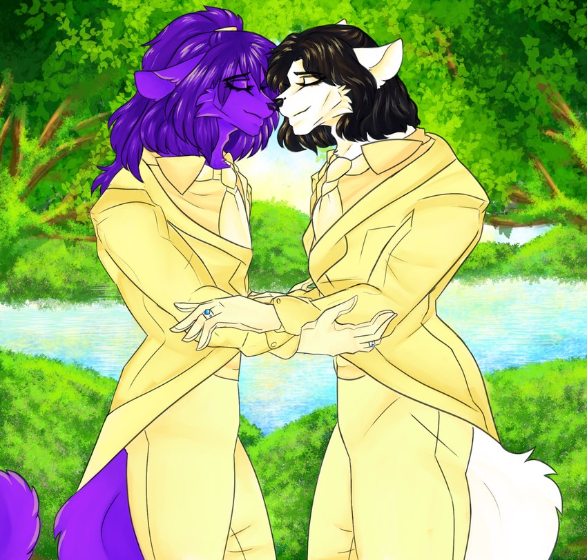 anthro black_hair digit_ring duo fluffy fur glistening glistening_body glistening_skin hair jewelry male male/male nose_to_nose nuzzling purple_body purple_fur purple_hair ring romantic romantic_couple suits wedding wedding_ring james_andromeda liam_(james_andromeda) seasamaru canid canine canis mammal wolf digital_media_(artwork) hi_res sketch