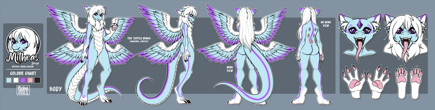 4_fingers 4_toes 4_wings amethyst_(gem) anthro biped blue_body border butt claws color_swatch countershade_tail countershade_torso countershading digitigrade dipstick_ears ear_markings eye_markings fangs feathered_wings feathers featureless_crotch feet female fingers flat_chested fluffy_mane forehead_gem fur gem gloves_(marking) hair leg_markings long_hair long_tongue mane mane_hair markings multi_wing multicolored_ears nude open_mouth pawpads paws pink_tongue purple_eyes purple_markings rear_view ruff scales simple_background slim smile socks_(marking) solo standing tail teeth toe_claws toes tongue tongue_out ventral_scales white_hair white_mane wings ruolina mythology mithras dragon furred_dragon furred_scalie mana_dragon mythological_creature mythological_scalie scalie 2021 absurd_res character_name hi_res model_sheet