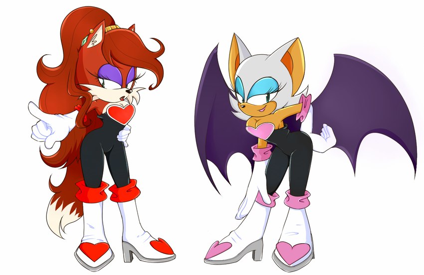 anthro breasts clothed clothing dipstick_tail duo eyeshadow female footwear fur gloves hair handwear high_heels latex lipstick looking_at_viewer makeup male male/female markings membrane_(anatomy) membranous_wings open_mouth seductive shoes simple_background smile tail tail_markings wings dragonboy618 sodadreamcast sega sonic_the_hedgehog_(series) jenna_the_vixen rouge_the_bat bat canid canine canis fox mammal digital_media_(artwork) hi_res