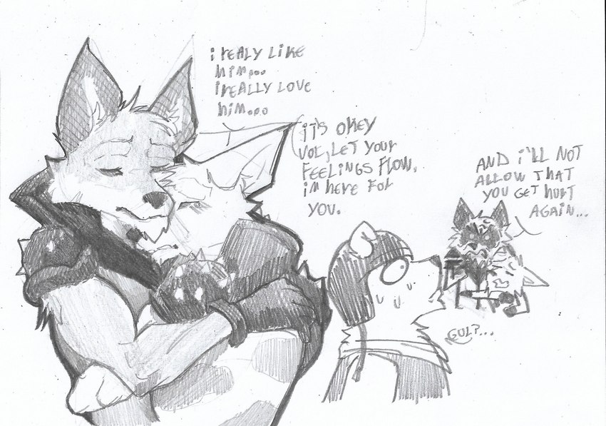 angry anthro barazoku bodily_fluids dialogue group hug hugging_another male muscular muscular_anthro muscular_male scared scared_expression scared_face spikes tears text trio pinumontbalou epic_games fortnite fennix_(fortnite) polar_patroller volpez_(fortnite) arctic_fox bear canid canine canis fox mammal polar_bear red_fox true_fox ursine english_text hi_res brother_(lore) brothers_(lore) sibling_(lore)