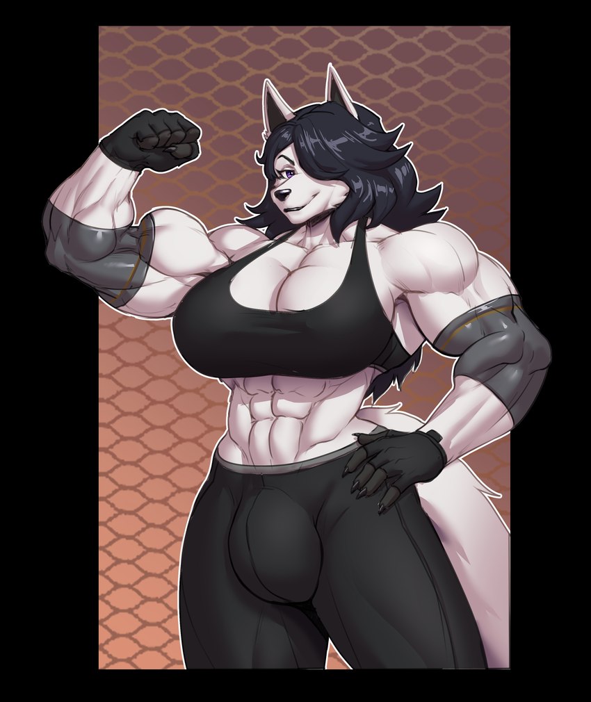 anthro big_breasts black_hair breasts bulge flexing flexing_bicep fur gynomorph hair intersex muscular purple_eyes solo white_body white_fur agonwolfe gwendolyn_mai canid canine canis mammal wolf absurd_res alpha_channel hi_res