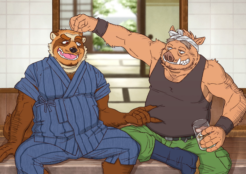 anthro belly bottomwear brown_body brown_fur clothing duo fur humanoid_hands kemono male overweight overweight_male pants shirt sitting topwear ryuta-h canid canine mammal raccoon_dog suid suine sus_(pig) tanuki wild_boar 2016