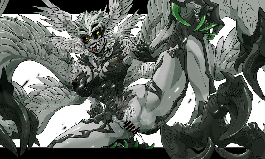 black_sclera bodily_fluids censor_bar censored_genitalia censored_pussy claws fangs female genital_fluids genitals head_wings pussy solo teeth unusual_wing_placement vaginal_fluids wings kudagitsune_(artist) final_fantasy_xvi benedikta_harman garuda animal_humanoid avian avian_humanoid bird_humanoid eikon_(final_fantasy) humanoid winged_humanoid absurd_res censored hi_res