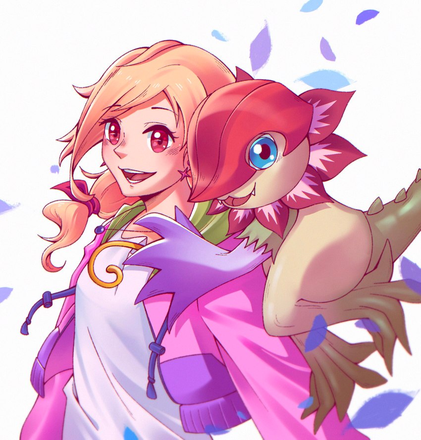 anthro blonde_hair blue_eyes cute_fangs duo fangs female frill_(anatomy) green_markings hair long_hair markings multicolored_body neck_frill pink_eyes plant ponytail purple_hands tan_body tan_skin teeth burritosalad bandai_namco digimon digimon_survive floramon_(survive) saki_kimijima digimon_(species) elemental_creature flora_fauna floramon human mammal hi_res