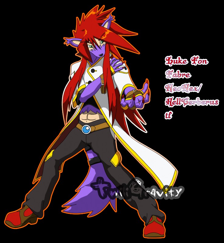 fur hair hellceberus long_hair male neonex outline purple_body purple_fur red_hair simple_background solo text transparent_background thadygrant bandai_namco tales_of_(series) tales_of_the_abyss luke_fon_fabre alpha_channel english_text hi_res