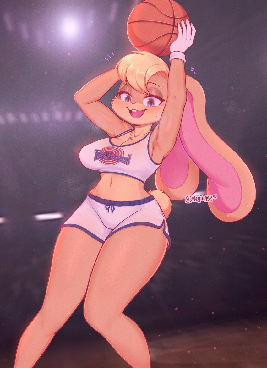 anthro basketball_uniform blonde_hair blue_eyes breasts clothed clothing cotton_tail exposure_variation female gloves hair handwear looking_at_viewer solo sportswear tune_squad_outfit tune_squad_outfit_(1996) uniform negieggy looney_tunes space_jam warner_brothers lola_bunny lagomorph leporid mammal rabbit digital_media_(artwork) hi_res