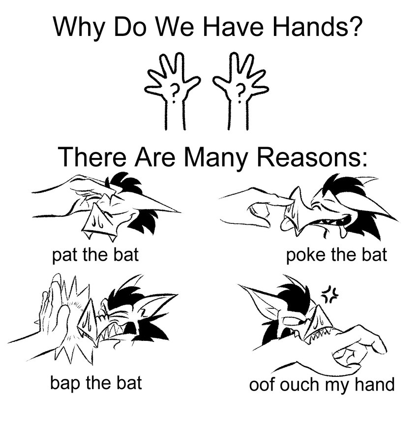 bite biting_hand black_hair boop facial_hair hair male petting sideburns simple_background solo text johnnythecheesy why_do_we_have_hands heath_murcel bat mammal digital_media_(artwork) english_text hi_res meme monochrome