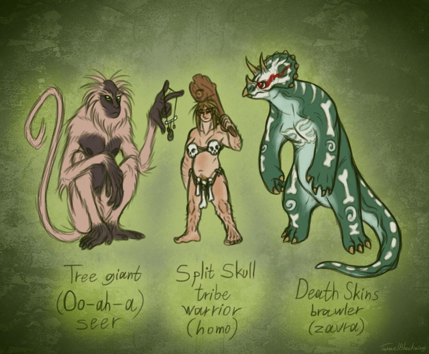 anthro arm_hair blue_eyes body_hair bodypaint bone bone_accessory cavewoman claws club_(weapon) dark_body dark_eyes dark_skin fantasy female fur green_body green_skin group holding_object holding_weapon horn leg_hair long_tail male melee_weapon multicolored_body prehistoric pubes pupils red_pupils sitting size_difference skeleton_bodypaint skull_accessory standing tail tan_body tan_fur tan_skin tribal trio two_tone_body weapon taraelblackwing ceratopsian dinosaur haplorhine human mammal monkey ornithischian prehistoric_species primate reptile scalie triceratops hi_res