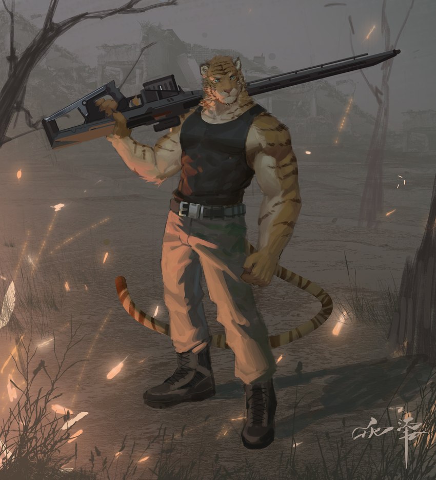 anthro belt black_belt black_clothing black_footwear black_shoes black_topwear blue_eyes bottomwear brown_stripes clothed clothing facial_markings facial_stripes footwear front_view fur glistening glistening_eyes gun head_markings holding_gun holding_object holding_ranged_weapon holding_weapon male markings mouth_closed muscular muscular_anthro muscular_male outside pants plant ranged_weapon solo standing striped_arms striped_face striped_markings striped_tail stripes tail tail_markings tan_bottomwear tan_clothing tan_pants text topwear tree weapon white_body white_fur yellow_body yellow_fur awaldkize felid mammal pantherine tiger absurd_res english_text full-length_portrait hi_res portrait signature