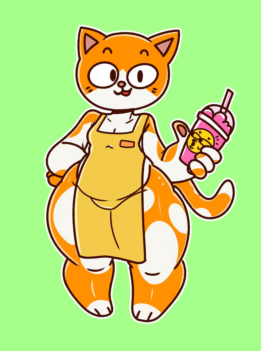 4_fingers anthro apron apron_only beverage bottom_heavy breasts cat_smile cleavage clothed clothing female fingers fur green_background hand_on_hip holding_beverage holding_object looking_at_viewer markings mostly_nude orange_body orange_fur pointy_ears prick_ears short_stack simple_background small_breasts solo spots spotted_body spotted_fur thick_thighs white_body white_fur wide_hips sketchylimesliv fishing_food pogchamp domestic_cat felid feline felis mammal absurd_res hi_res meme