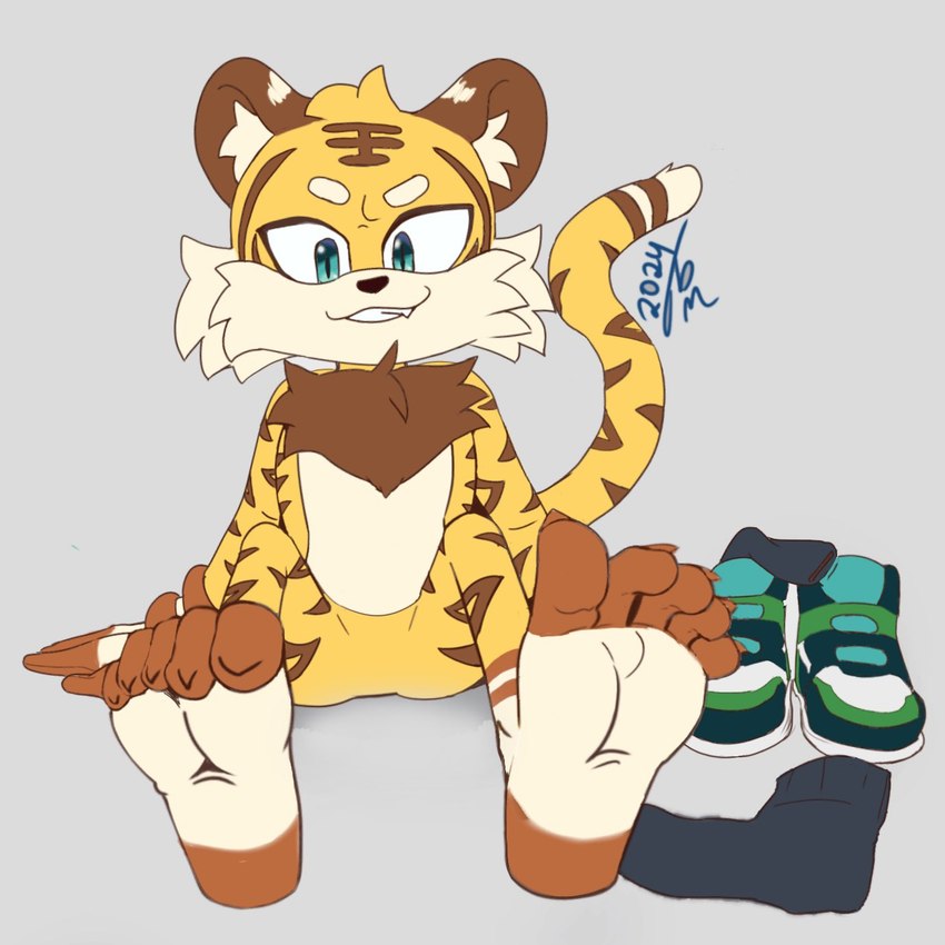 5_toes ambiguous_gender anthro barefoot blue_eyes clothing feet foot_focus footwear fur gloves grey_background grin handwear humanoid_feet leaning leaning_backward looking_at_viewer plantigrade shoes simple_background sitting smile smirk socks socks_the_tiger toe_flex toes yellow_body yellow_fur tabascomilk sega sonic_the_hedgehog_(series) fan_character felid mammal pantherine tiger 1:1 2024 colored hi_res