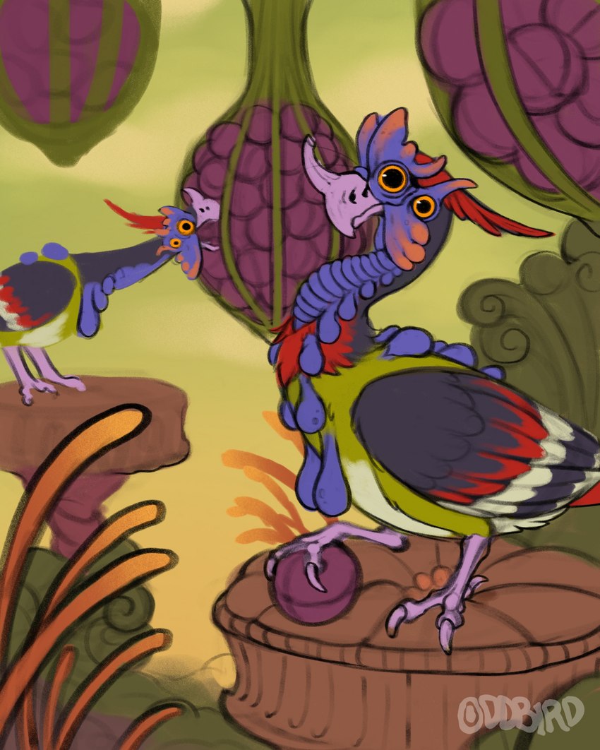 ambiguous_gender avian_feet beak detailed_background feathered_wings feathers feet feral horn long_neck multi_eye open_mouth orange_eyes toes wings oddbird alien avian hi_res