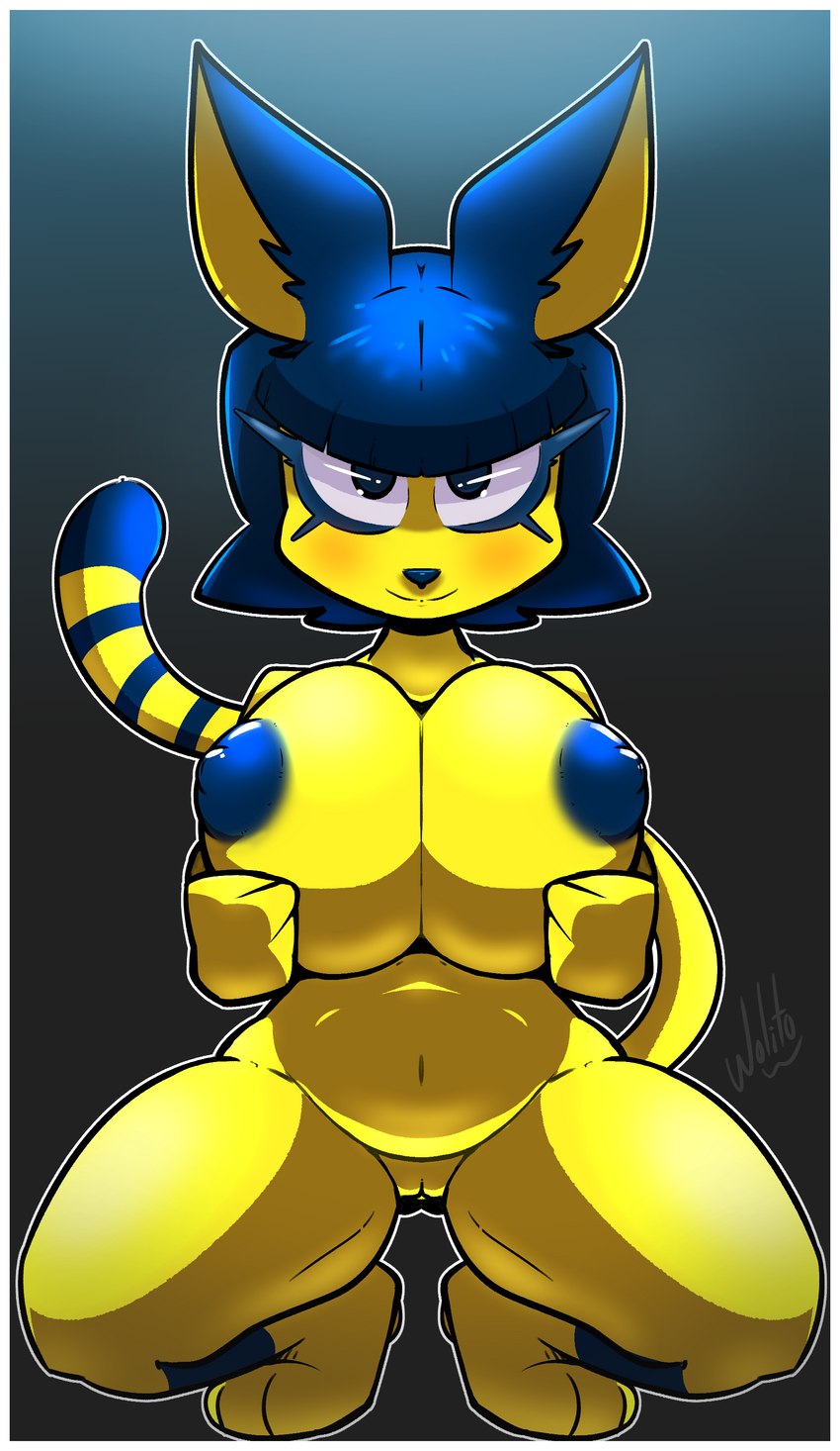 anthro areola big_breasts blue_areola blue_body blue_fur blue_hair blue_nipples border breasts crouching egyptian female fur genitals hair holding_breast looking_at_viewer navel nipples nude pussy simple_background smile solo white_border yellow_body wolito animal_crossing nintendo ankha_(animal_crossing) domestic_cat felid feline felis mammal absurd_res hi_res