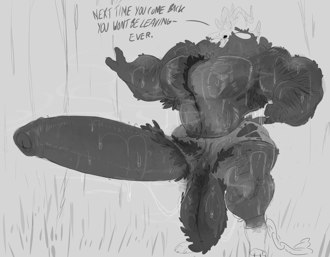 anthro balls big_penis black_body black_penis bodily_fluids body_hair chest_hair claws dialogue foreskin forest forest_background fur genital_fluids genitals horn huge_penis hyper hyper_genitalia hyper_penis looking_at_viewer looking_back looking_back_at_viewer male muscular muscular_male musk musk_cloud musky_penis nature nature_background penis plant precum pubes pubes_exposed ripped_underwear saggy_balls solo sweat tail text tree nathyness english_text hi_res monochrome