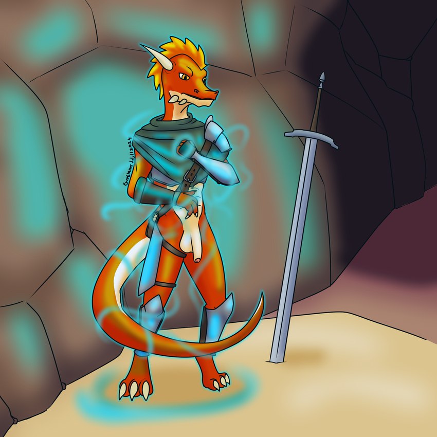 anthro armor balls bottomless bottomless_anthro bottomless_male casting_spell cave cloak clothed clothing digitigrade foreskin genitals greaves hair humanoid_genitalia humanoid_penis magic magic_user male melee_weapon non-mammal_balls nude orange_eyes orange_hair partially_retracted_foreskin pauldron penis planted_sword planted_weapon red_body solo sword tail thigh_armor weapon fyreblazes zaw(fyreblazes) kobold scalie 1:1 2024 hi_res