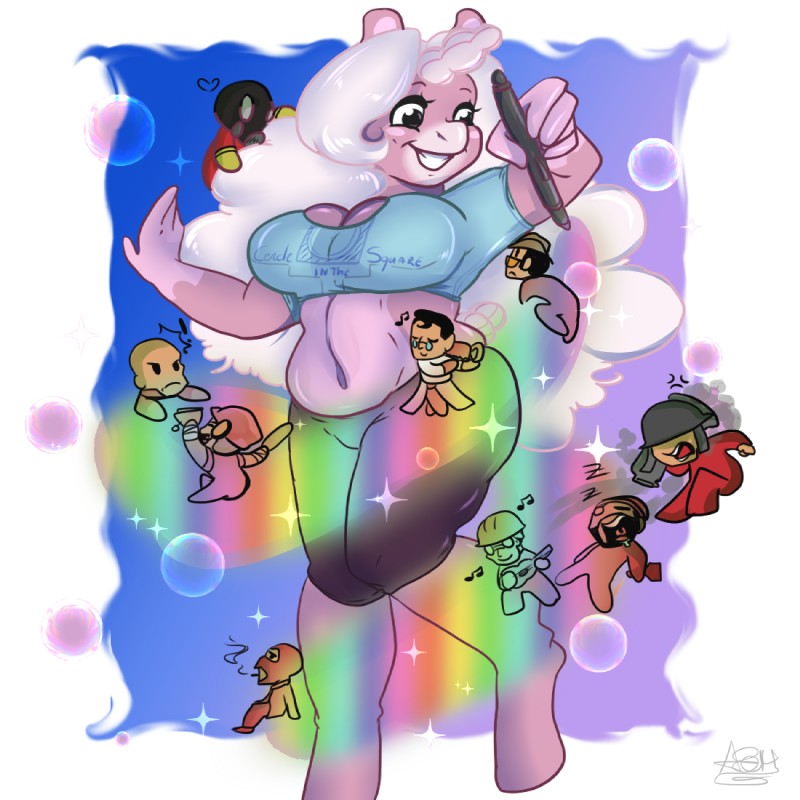 anthro breasts cleavage clothed clothing female group horn rainbow slouch_hat wide_hips geeflakes mythology team_fortress_2 valve balloonicorn_(tf2) demoman_(team_fortress_2) engineer_(team_fortress_2) heavy_(team_fortress_2) medic_(team_fortress_2) pyro_(team_fortress_2) scout_(team_fortress_2) sniper_(team_fortress_2) soldier_(team_fortress_2) spy_(team_fortress_2) balloonicorn equid equine horse mammal mythological_creature mythological_equine pony unicorn 1:1