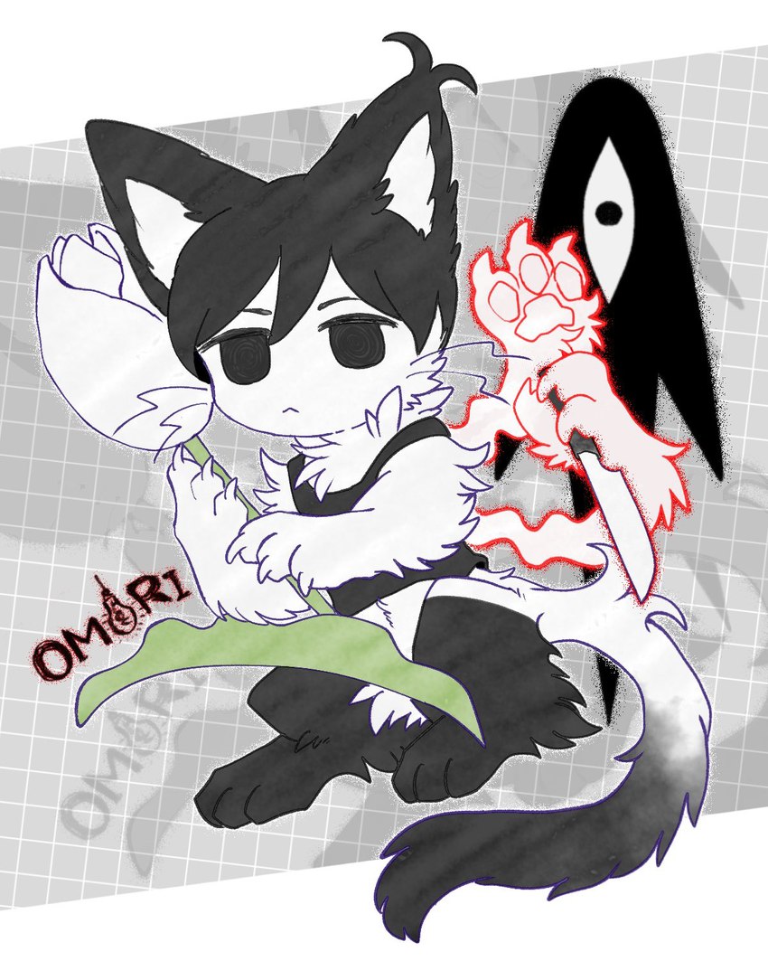 alternate_species anthro flower furrification kemono knife male plant solo text tulip_(flower) mekkyaru omori_(game) omori_(omori) domestic_cat felid feline felis mammal 4:5 copyright_name hi_res