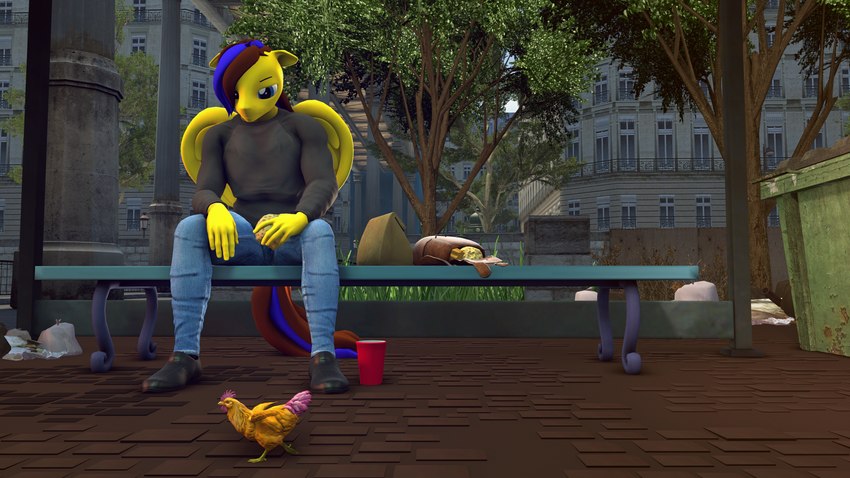 anthro bag bench blue_eyes bottomwear building clothed clothing container cup day denim denim_bottomwear denim_clothing ears_down folded_wings food grass hair holding_food holding_object jeans male muffin multicolored_hair on_bench outside pants paper_bag pivoted_ears plant ponification sitting sitting_on_bench sky solo tail tail_aside trash trash_can tree two_tone_hair two_tone_tail wings yellow_body olkategrin hasbro my_little_pony mythology fan_character keanu_reeves lemon_box avian bird chicken equid equine galliform gallus_(genus) horse mammal mythological_creature mythological_equine pegasus phasianid pony 16:9 3d_(artwork) 4k absurd_res digital_media_(artwork) hi_res meme source_filmmaker_(artwork) wallpaper widescreen