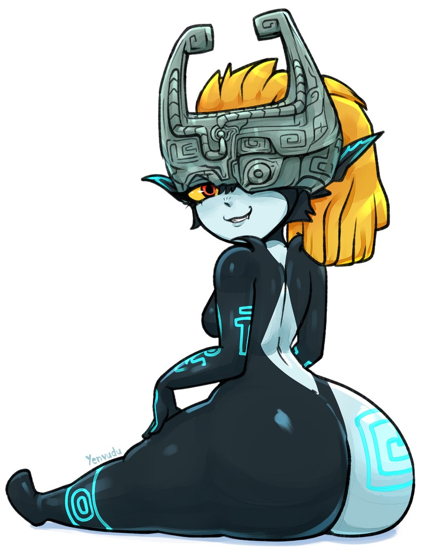 big_butt breasts butt clothing female fused_shadow headgear headwear humanoid_pointy_ears looking_at_viewer not_furry nude pointy_ears rear_view simple_background sitting snaggle_tooth solo white_background yenvudu nintendo the_legend_of_zelda twilight_princess midna humanoid imp twili absurd_res hi_res