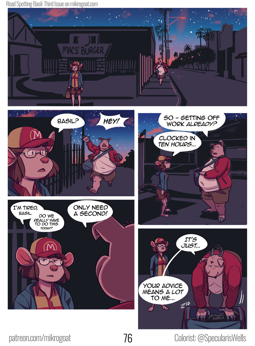 5_fingers anthro bag barefoot black_hair bottomwear breasts clothed clothed_anthro clothed_female clothed_male clothing cloven_hooves dialogue duo eyewear feet female fingers fur glasses hair hat headgear headwear hindpaw hooves horn humanoid_hands jacket male night overweight overweight_anthro overweight_male page_number paws pink_body pink_fur pink_nose pink_skin red_hair restaurant running shorts speech_bubble standing sunset text tired toes tongue topwear wearing_glasses mikrogoat basil_(mikrogoat) carolina_(mikrogoat) domestic_pig mammal mouse murid murine rodent suid suine sus_(pig) comic english_text hi_res multiple_scenes url