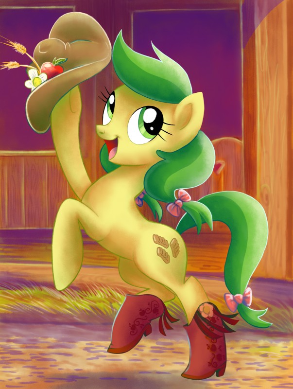 apple boots clothing cowboy_boots cowboy_hat cutie_mark female feral food footwear fruit fur grass green_eyes green_hair hair hat headgear headwear looking_at_viewer open_mouth plant shoes smile solo yellow_body yellow_fur adlynh friendship_is_magic hasbro my_little_pony apple_fritter_(mlp) earth_pony equid equine horse mammal pony 2013 hi_res