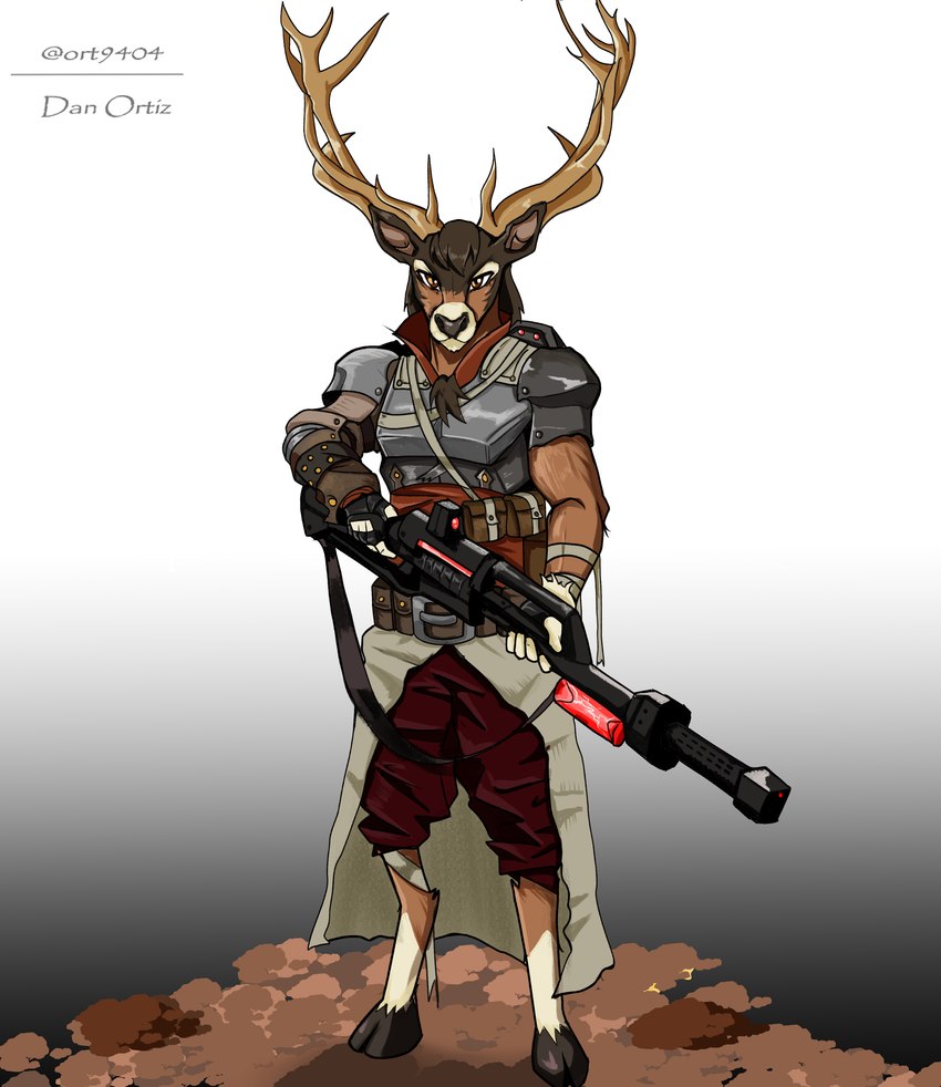 anthro antlers armed armor belt bottomwear brown_body brown_eyes brown_fur clothed clothing fur fur_markings gloves gradient_background gun handwear hooves horn looking_at_viewer male markings muscular pants ranged_weapon rifle simple_background solo weapon dan_ortiz ruscal cervine deer mammal 2023 absurd_res digital_drawing_(artwork) digital_media_(artwork) hi_res signature