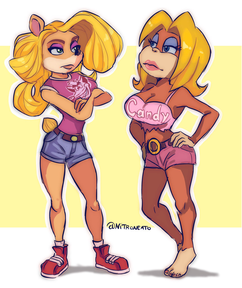 anthro barefoot blonde_hair breasts brown_body brown_fur cleavage clothed clothing crossed_arms duo eye_contact eyeshadow feet female footwear fur hair half-closed_eyes lipstick long_hair looking_at_another makeup narrowed_eyes nitroneato activision crash_bandicoot_(series) donkey_kong_(series) nintendo candy_kong crash_bandicoot tawna_bandicoot bandicoot haplorhine mammal marsupial monkey primate 2020 crossover hi_res signature