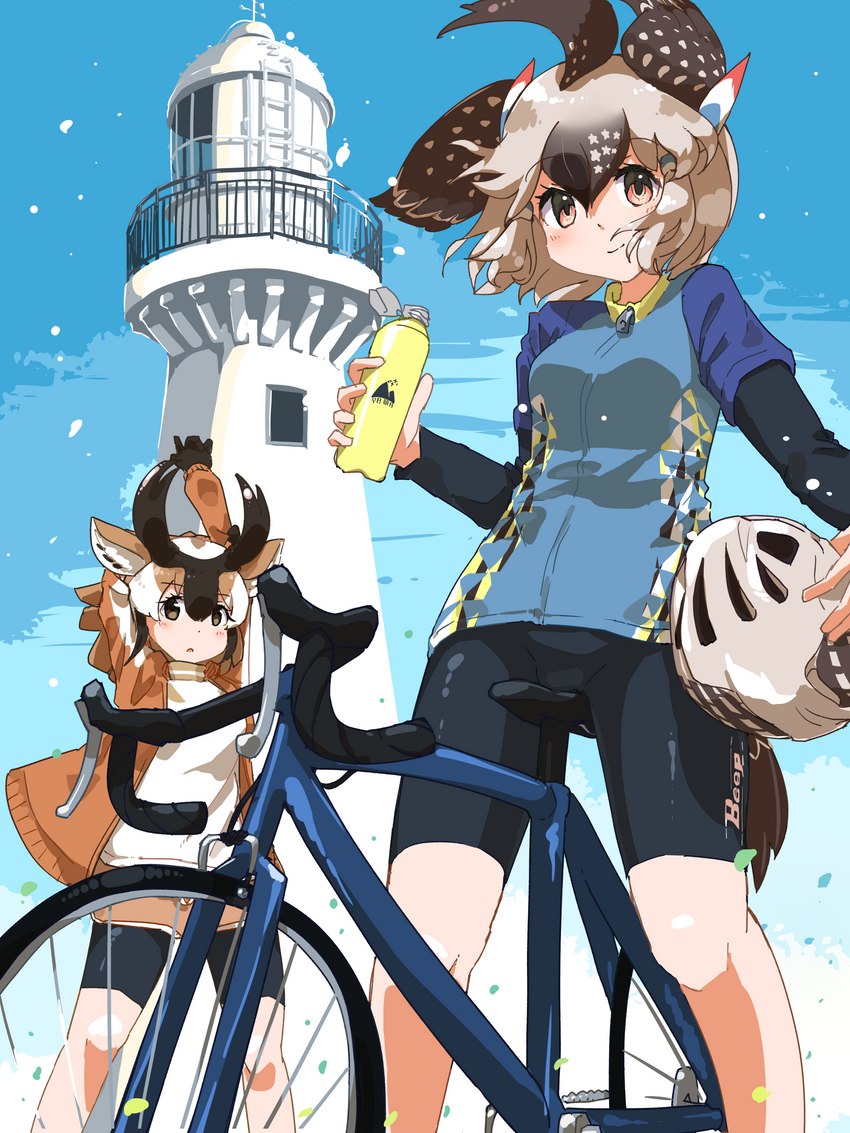 bicycle bicycle_helmet bottomwear clothed clothing duo female shorts spandex spandex_shorts tight_bottomwear tight_clothing tight_shorts vehicle iwafish kemono_friends greater_roadrunner_(kemono_friends) puhon animal_humanoid avian avian_humanoid bird bird_humanoid cuculiform cuculiform_humanoid humanoid mammal mammal_humanoid pronghorn pronghorn_humanoid roadrunner_humanoid 3:4 absurd_res hi_res