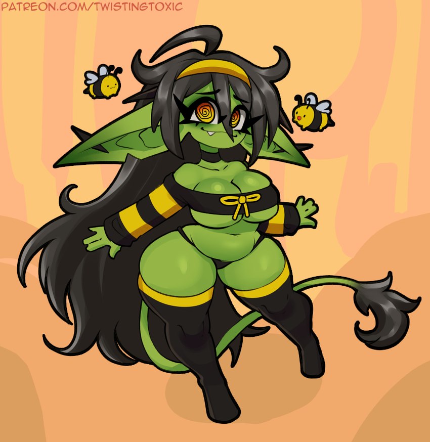 black_hair breasts clothing female hair humanoid_pointy_ears not_furry panties pointy_ears short_stack simple_background snaggle_tooth solo spiral_eyes tail tail_tuft tuft under_boob underwear twistingtoxic arthropod bee goblin humanoid hymenopteran insect 2024