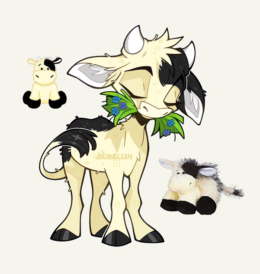 ambiguous_gender black_body black_fur black_hooves chibi eating eating_grass eyebrows eyes_closed feral flower fur grass grey_background head_tuft hooves horn plant plushie real reference_image simple_background snout solo standing tail tail_tuft tuft unguligrade white_body white_fur white_horn white_inner_ear dreameleon webkinz bovid bovine cattle mammal 2024 cel_shading digital_drawing_(artwork) digital_media_(artwork) full-length_portrait hi_res portrait shaded