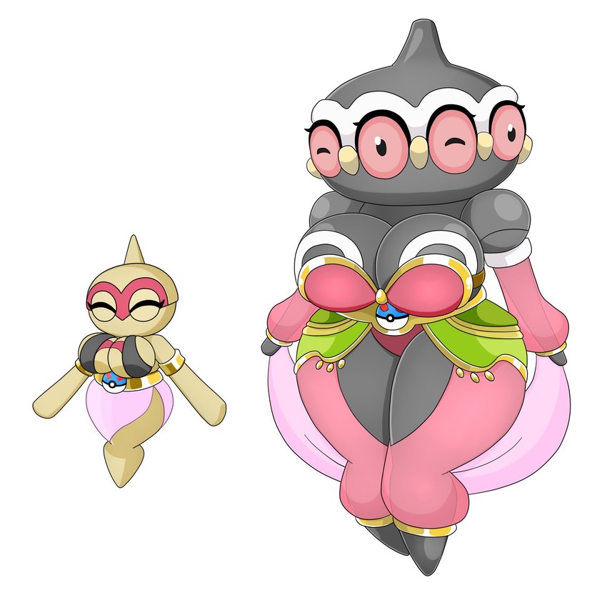 armwear big_breasts black_body bottomwear breasts brown_body clothed clothing duo eyes_closed female legless legwear multi_eye not_furry pokeball shirt simple_background skirt topwear tunic underwear white_background urusee584 game_freak nintendo pokemon baltoy claydol generation_3_pokemon humanoid pokemon_(species) hi_res