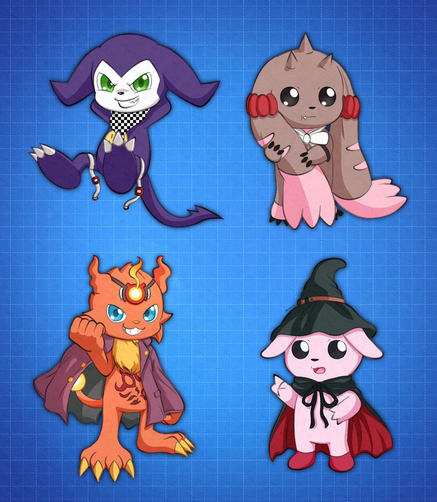 anthro brown_body brown_fur clothing cosplay female fur group hat headgear headwear horn long_ears male mischievous_smile purple_body witch_hat liliana86973943 bandai_namco danganronpa danganronpa_v3 digimon spike_chunsoft himiko_yumeno kaito_momota kokichi_oma maki_harukawa coronamon cutemon demon digimon_(species) impmon lagomorph leporid lopmon mammal rabbit hi_res