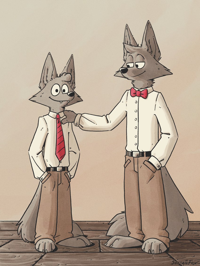 barefoot belt belt_buckle big_ears bottomwear bow_tie brown_bottomwear brown_clothing brown_pants buckle business_attire business_suit businesswear cheek_tuft clothing curled_hair dress_shirt ears_up facial_tuft feet floor fluffy fluffy_tail fur grey_body grey_fur hair hand_on_shoulder head_hair head_tuft hindpaw khaki_pants long_pants long_tail male neck_tuft necktie office_worker pants paws proud red_neckwear shirt spiky_hair suit tail tan_bottomwear tan_clothing tan_pants topwear tuft white_clothing white_shirt white_shirt_collar white_shirt_cuffs white_topwear wood wood_floor softailfox canid canine canis mammal wolf 3:4 hi_res father_(lore) father_and_child_(lore) father_and_son_(lore) parent_(lore) parent_and_child_(lore) parent_and_son_(lore) son_(lore)