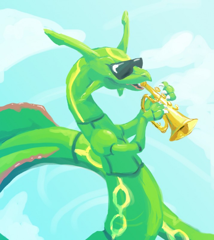 ambiguous_gender brass_instrument eyewear green_body musical_instrument outside playing_music sky solo sunglasses trumpet wind_instrument bedupolker asian_mythology east_asian_mythology mythology nintendo pokemon dragon eastern_dragon generation_3_pokemon legendary_pokemon mythological_creature mythological_scalie pokemon_(species) rayquaza scalie 2014 hi_res