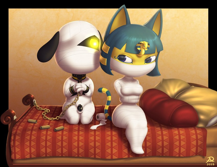 anthro balls bdsm bed bondage bound breasts chain chain_leash chained_to_bed chastity_cage chastity_device collar duo female furniture genitals kneeling leash male male/female mummification mummy_wrappings one_eye_obstructed pillow sitting radasus animal_crossing nintendo ankha_(animal_crossing) lucky_(animal_crossing) canid canine canis domestic_cat domestic_dog felid feline felis mammal mummy undead hi_res