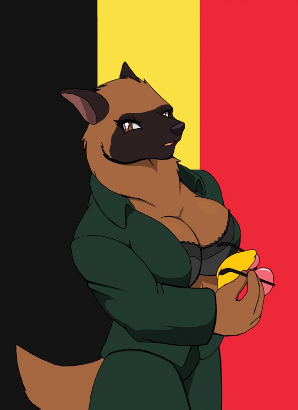 anthro belgian_flag big_breasts black_bra black_clothing black_underwear bottomwear bra breasts brown_body brown_eyes brown_fur cleavage clothed clothing eyewear female flag flag_background fur glasses green_bottomwear green_clothing green_pants holding_eyewear holding_glasses holding_object humanoid_hands lingerie looking_at_viewer open_clothing open_mouth pants parody round_glasses simple_background solo underwear wide_fingers wipe_glasses world_war_2 droll3 mila_(droll3) canid canine canis domestic_dog herding_dog malinois_dog mammal pastoral_dog sheepdog 2014 digital_media_(artwork) hi_res