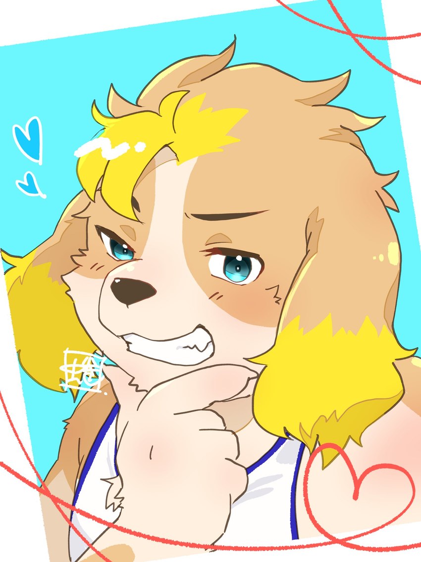 anthro blonde_hair blue_eyes blush brown_body brown_fur clothing fur grin hair heart_symbol looking_at_viewer male shirt smile smug solo tank_top topwear nina27_sg lifewonders live_a_hero hisaki_(live_a_hero) canid canine canis domestic_dog mammal bust_portrait hi_res portrait