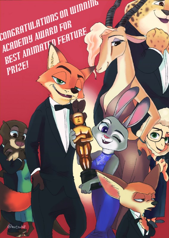 anthro award barefoot black_tie_(suit) blonde_hair bow_(feature) bow_tie brown_body brown_fur buckteeth clothed clothing crowd duo eyewear fangs feet female fully_clothed fur glasses green_eyes grey_body grey_fur group hair holding_award holding_object holding_oscar_statuette hug inner_ear_fluff looking_at_viewer male one_eye_closed open_mouth open_smile orange_body orange_fur oscar_statuette simple_background size_difference smile suit teeth tuft white_body white_fur white_wool wink wool_(fur) yellow_body yellow_fur motsuko8 disney zootopia benjamin_clawhauser dawn_bellwether emmitt_otterton finnick_(zootopia) gazelle_(zootopia) judy_hopps mrs._otterton nick_wilde antelope bovid canid canine caprine cheetah domestic_sheep felid feline fennec_fox fox gazelle grant's_gazelle lagomorph leporid lontra mammal mustelid nanger north_american_river_otter otter rabbit red_fox river_otter sheep true_antelope true_fox 2017 hi_res