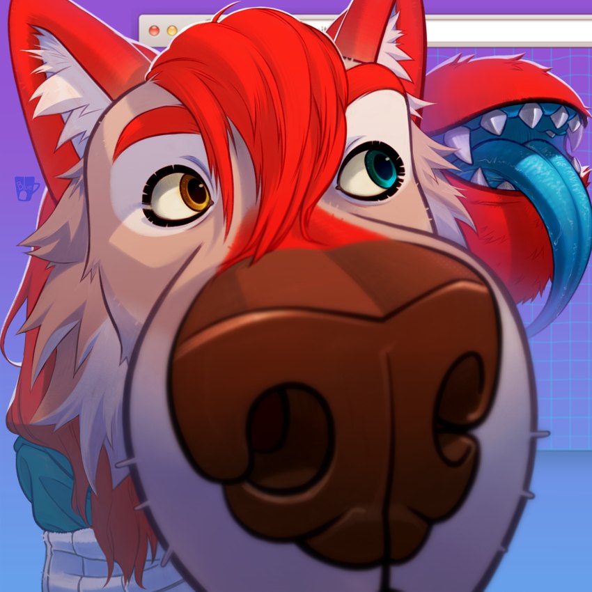 anthro blue_eyes boop female fisheye_lens fur goofy_smile hair heterochromia nose_boop red_body red_fur red_hair solo tail tail_mouth tongue tongue_out unusual_anatomy unusual_tail yellow_eyes blueteaa legend_of_ahya ahya_(legend_of_ahya) taylor_renee_wolford_(darkflamewolf) canid canine canis mammal wolf 1:1 hi_res