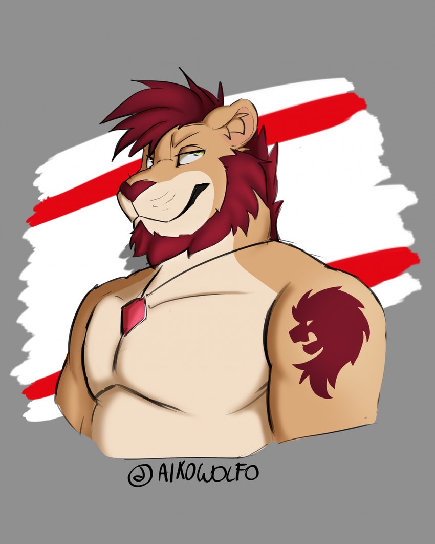 anthro beard black_hair facial_hair flag green_eyes grey_background hair italian jewelry looking_back male musclegut muscular pendant proud red_flag simple_background solo tattoo white_flag aikowolfo kodiak_(kodiak079) felid lion mammal pantherine hi_res